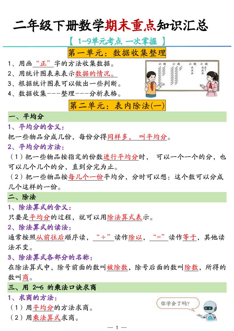 二年级下册数学期末重点知识汇总金榜学科-专注整理分享幼、小、初、高学科教资，一站式解决孩子学习资料难题，帮助孩子全方位提升成绩。金榜学科