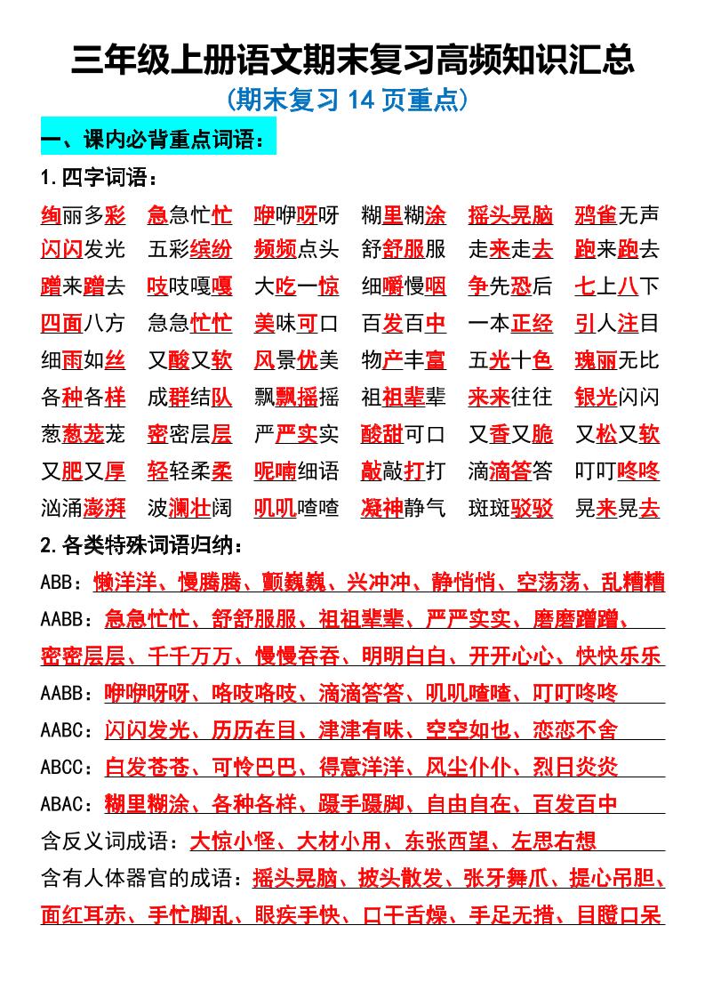 三年级上册语文期末复习高频知识汇总金榜学科-专注整理分享幼、小、初、高学科教资，一站式解决孩子学习资料难题，帮助孩子全方位提升成绩。金榜学科
