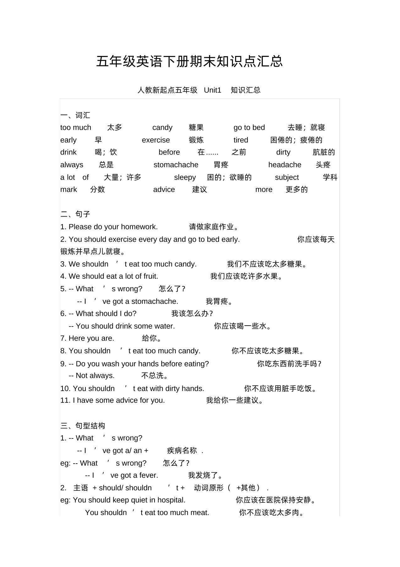 五年级英语下册期末知识清单汇总(人教新起点)金榜学科-专注整理分享幼、小、初、高学科教资，一站式解决孩子学习资料难题，帮助孩子全方位提升成绩。金榜学科