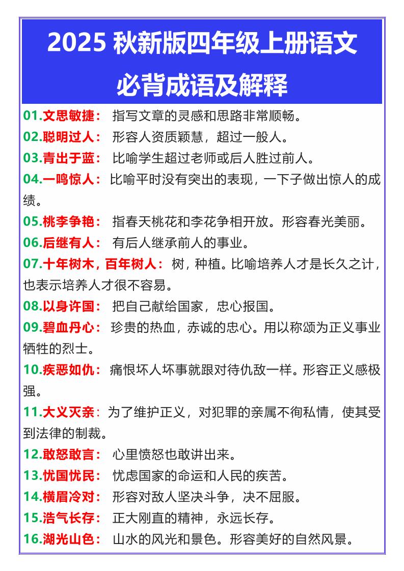 【2025秋新版】四年级上册语文必背成语及解释金榜学科-专注整理分享幼、小、初、高学科教资，一站式解决孩子学习资料难题，帮助孩子全方位提升成绩。金榜学科