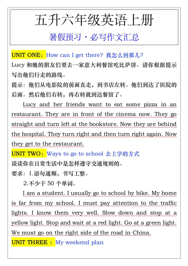 五升六年级英语上册暑假预习·必写作文汇总-六上英语金榜学科-专注整理分享幼、小、初、高学科教资，一站式解决孩子学习资料难题，帮助孩子全方位提升成绩。金榜学科