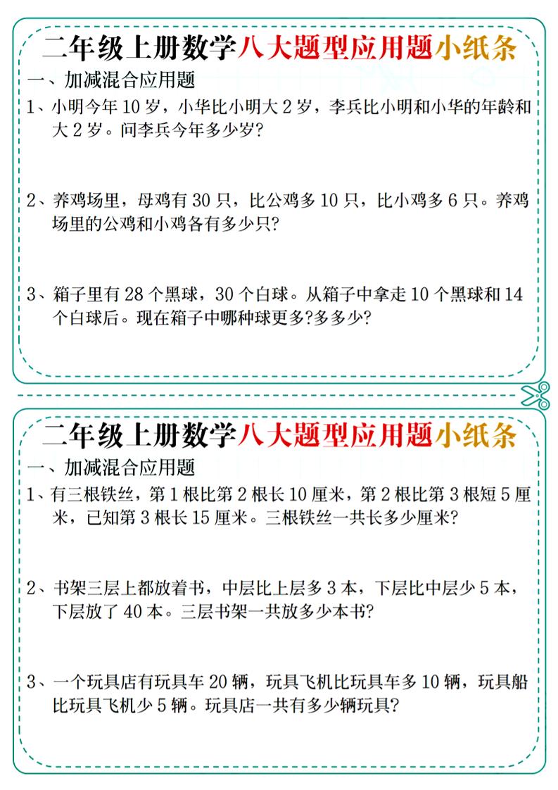 二年级上数学八大题型应用题小纸条金榜学科-专注整理分享幼、小、初、高学科教资，一站式解决孩子学习资料难题，帮助孩子全方位提升成绩。金榜学科
