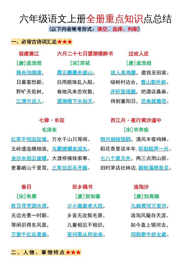 六年级语文上册全册重点知识点总结金榜学科-专注整理分享幼、小、初、高学科教资，一站式解决孩子学习资料难题，帮助孩子全方位提升成绩。金榜学科