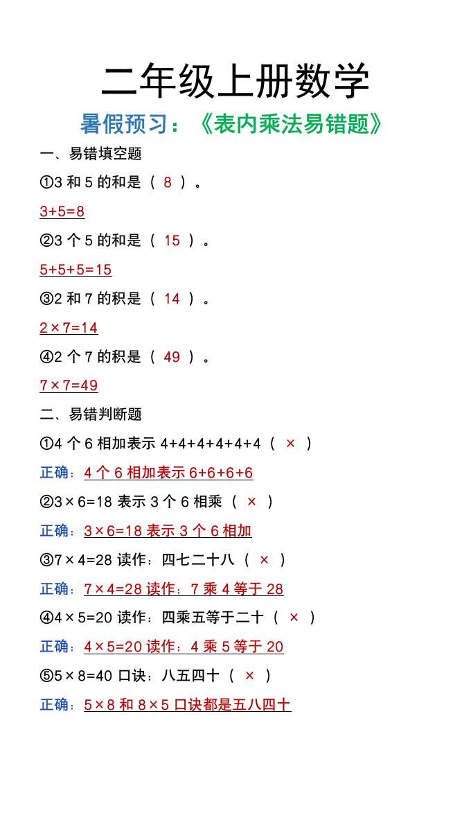 二年级上册数学暑假预习《表内乘法易错题》金榜学科-专注整理分享幼、小、初、高学科教资，一站式解决孩子学习资料难题，帮助孩子全方位提升成绩。金榜学科