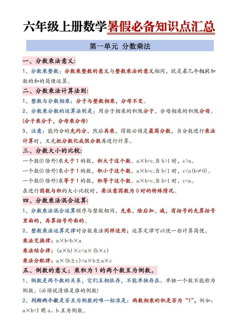 六年级上册数学暑假必备知识点汇总9页金榜学科-专注整理分享幼、小、初、高学科教资，一站式解决孩子学习资料难题，帮助孩子全方位提升成绩。金榜学科