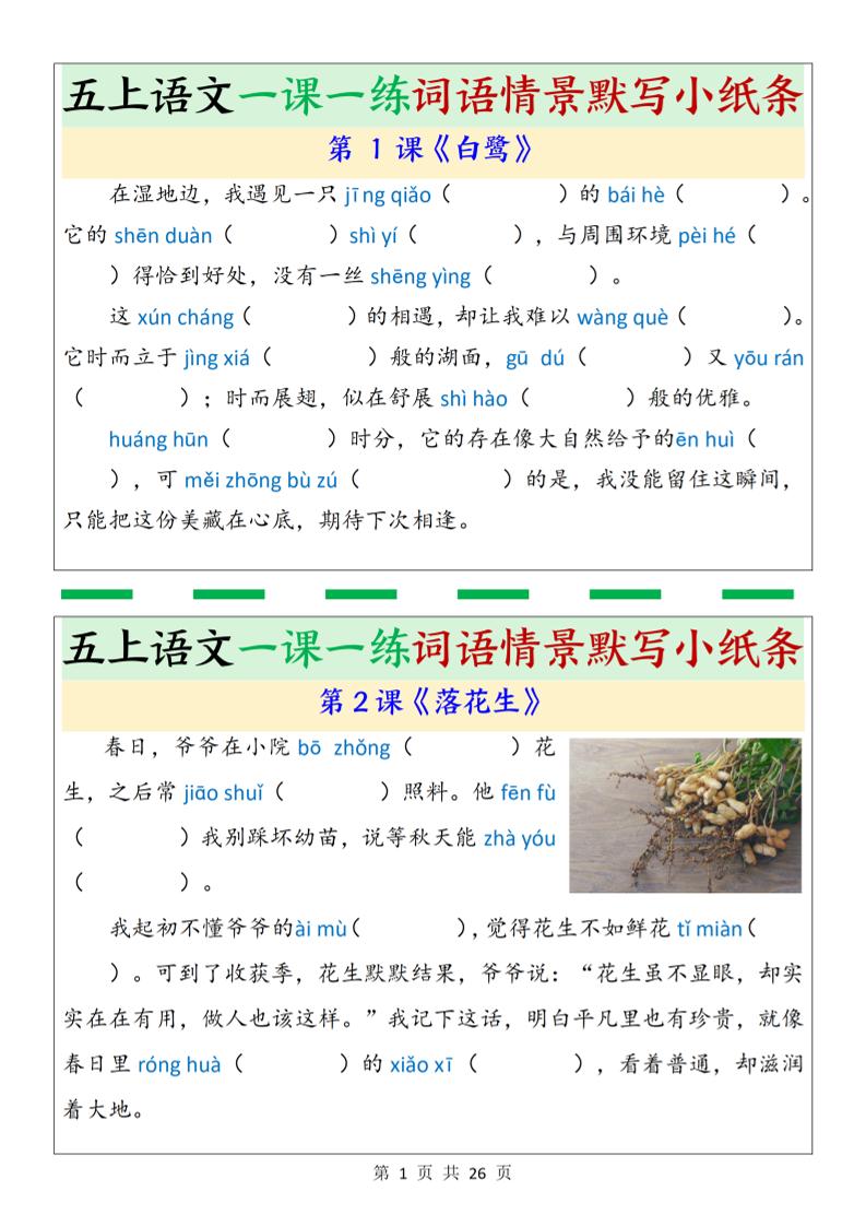 五上语文一课一练词语情景默写小纸条（含答案26页）金榜学科-专注整理分享幼、小、初、高学科教资，一站式解决孩子学习资料难题，帮助孩子全方位提升成绩。金榜学科