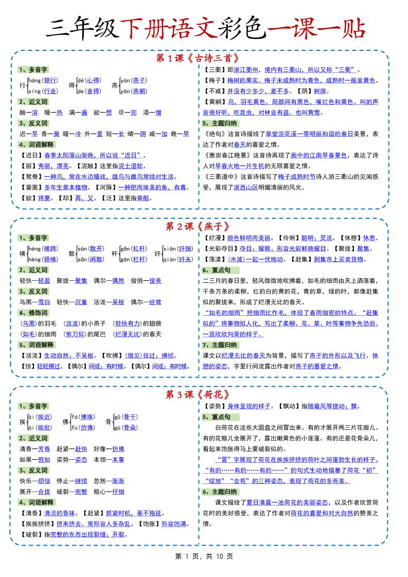 新版三下语文彩色一课一贴（课内重点课课贴）10页金榜学科-专注整理分享幼、小、初、高学科教资，一站式解决孩子学习资料难题，帮助孩子全方位提升成绩。金榜学科