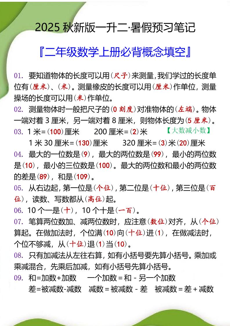 【2025秋新版】二年级数学上册必背概念填空金榜学科-专注整理分享幼、小、初、高学科教资，一站式解决孩子学习资料难题，帮助孩子全方位提升成绩。金榜学科