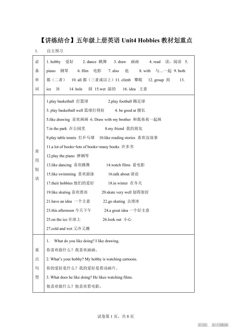 【单元热点难点】译林版（三起）英语五年级上册Unit4Hobbies教材划重点金榜学科-专注整理分享幼、小、初、高学科教资，一站式解决孩子学习资料难题，帮助孩子全方位提升成绩。金榜学科