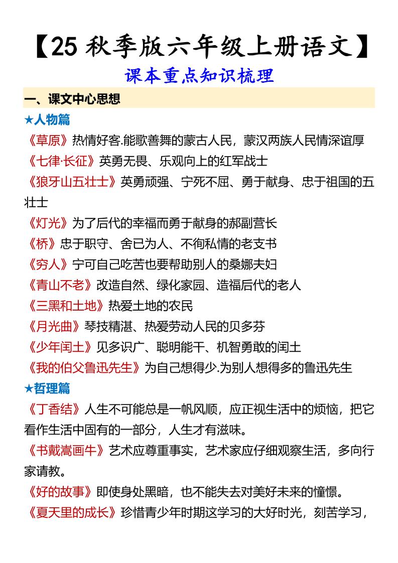 【2025秋新版】【六年级上册语文】课本重点知识梳理金榜学科-专注整理分享幼、小、初、高学科教资，一站式解决孩子学习资料难题，帮助孩子全方位提升成绩。金榜学科