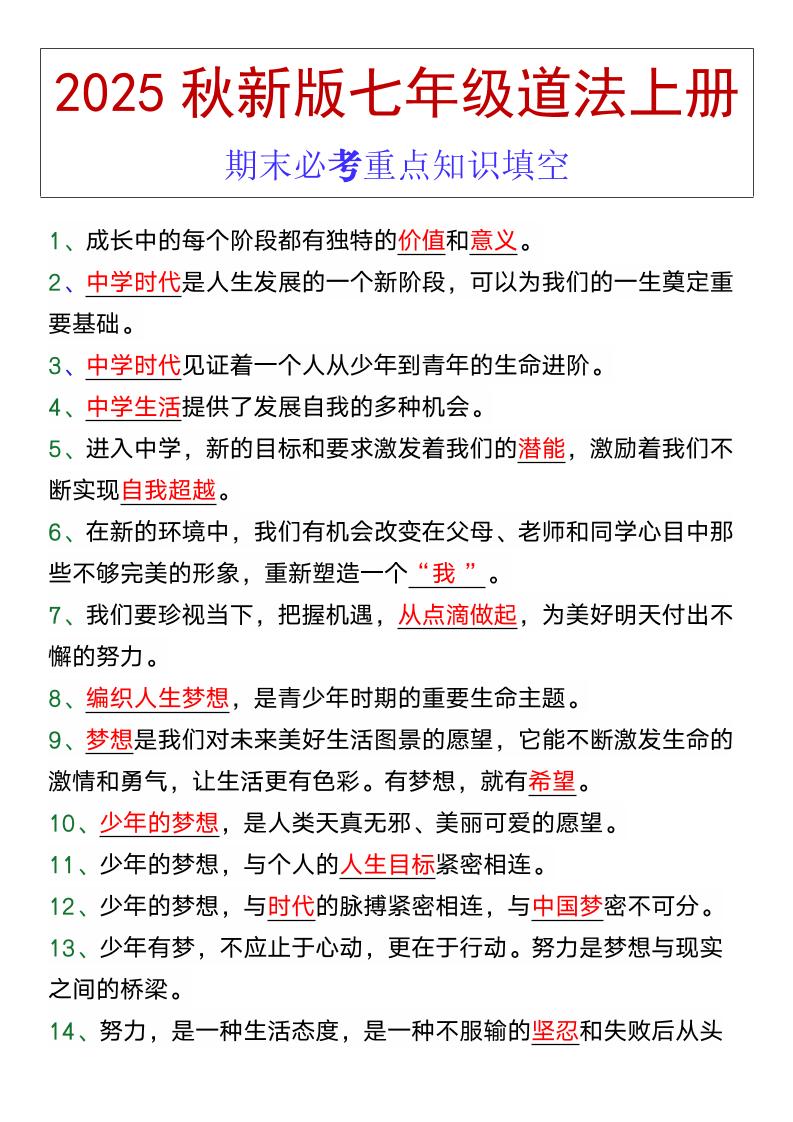 七年级道法上册期末必考重点知识填空金榜学科-专注整理分享幼、小、初、高学科教资，一站式解决孩子学习资料难题，帮助孩子全方位提升成绩。金榜学科
