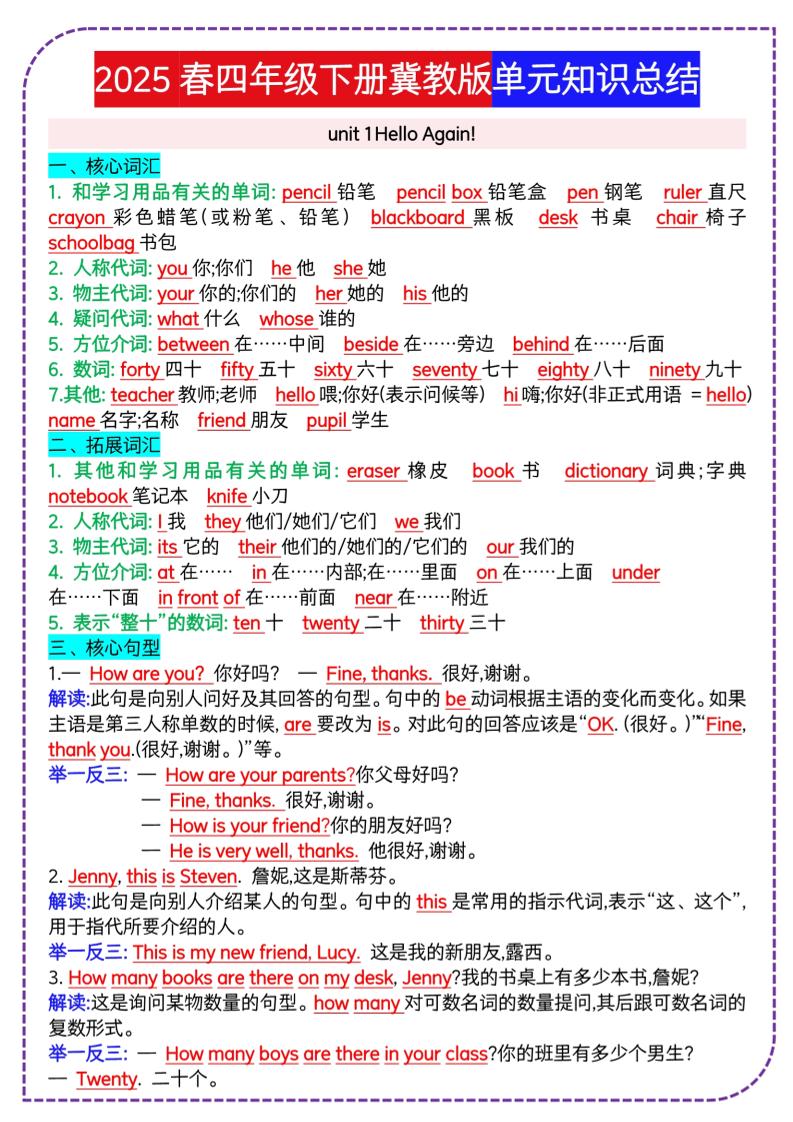 四下英语冀单元知识总结金榜学科-专注整理分享幼、小、初、高学科教资，一站式解决孩子学习资料难题，帮助孩子全方位提升成绩。金榜学科