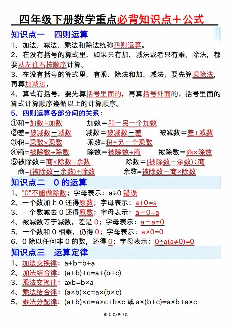 25年四年级下册数学重点必背知识点十公式金榜学科-专注整理分享幼、小、初、高学科教资，一站式解决孩子学习资料难题，帮助孩子全方位提升成绩。金榜学科