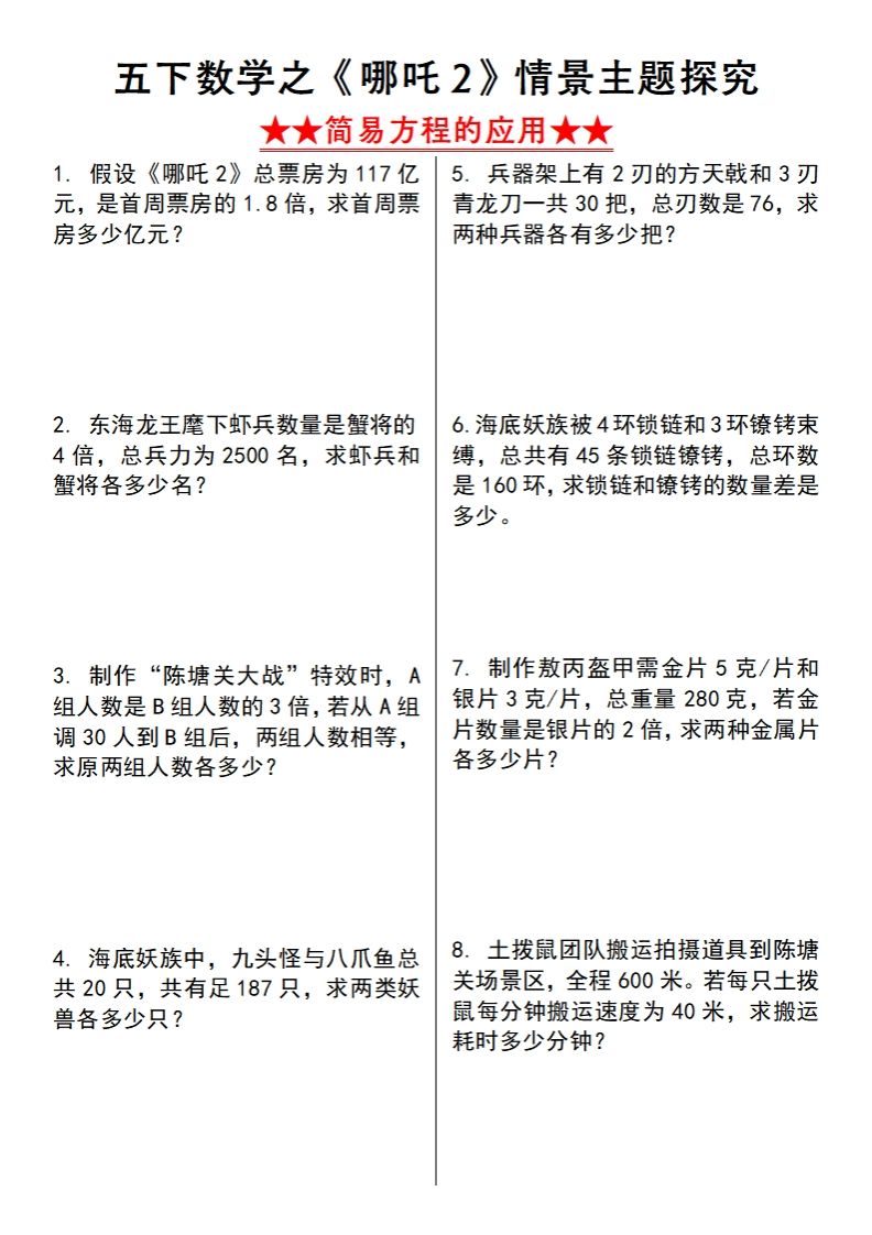【苏教版】五下数学之《哪吒2》情景主题探究(简易方程的应用)（空白版）金榜学科-专注整理分享幼、小、初、高学科教资，一站式解决孩子学习资料难题，帮助孩子全方位提升成绩。金榜学科