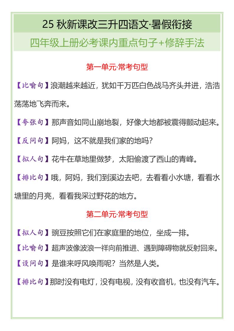 【2025秋新版】四年级上册语文必考课内重点句子+修辞手法金榜学科-专注整理分享幼、小、初、高学科教资，一站式解决孩子学习资料难题，帮助孩子全方位提升成绩。金榜学科