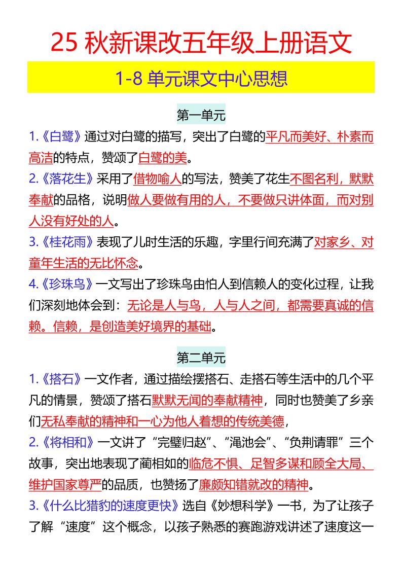 【2025秋新版】五年级上册语文1-8单元课文中心思想金榜学科-专注整理分享幼、小、初、高学科教资，一站式解决孩子学习资料难题，帮助孩子全方位提升成绩。金榜学科