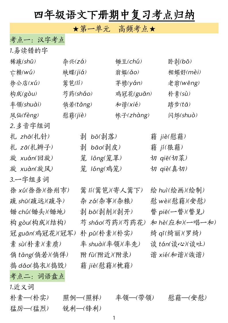 四下语文期中常考知识点汇总(4)金榜学科-专注整理分享幼、小、初、高学科教资，一站式解决孩子学习资料难题，帮助孩子全方位提升成绩。金榜学科