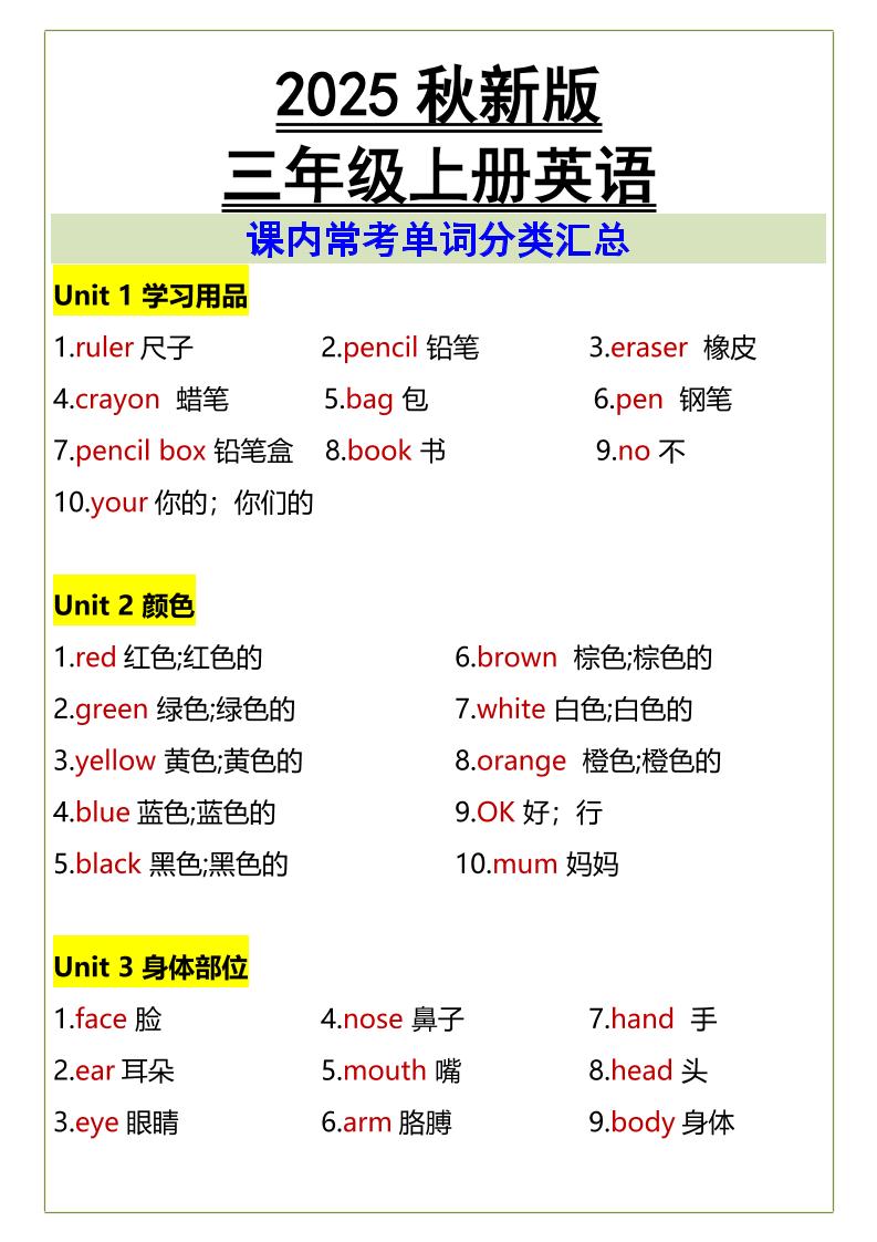 【2025秋新版】三年级上册英语课内常考单词分类汇总金榜学科-专注整理分享幼、小、初、高学科教资，一站式解决孩子学习资料难题，帮助孩子全方位提升成绩。金榜学科