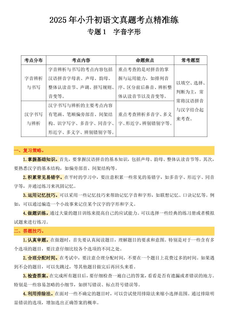 小升初语文备考真题分类汇编专题1字音字形金榜学科-专注整理分享幼、小、初、高学科教资，一站式解决孩子学习资料难题，帮助孩子全方位提升成绩。金榜学科