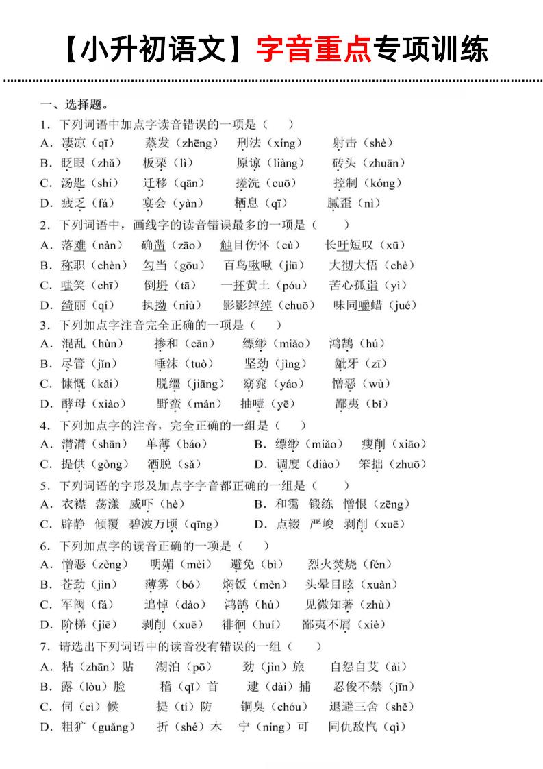 《小升初语文字音重点专项训练》金榜学科-专注整理分享幼、小、初、高学科教资，一站式解决孩子学习资料难题，帮助孩子全方位提升成绩。金榜学科