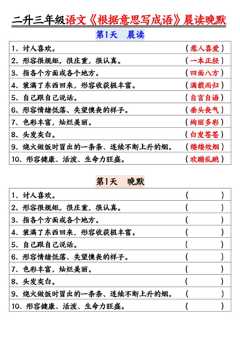 二升三暑假三上语文《根据意思写成语》晨读晚默14天金榜学科-专注整理分享幼、小、初、高学科教资，一站式解决孩子学习资料难题，帮助孩子全方位提升成绩。金榜学科