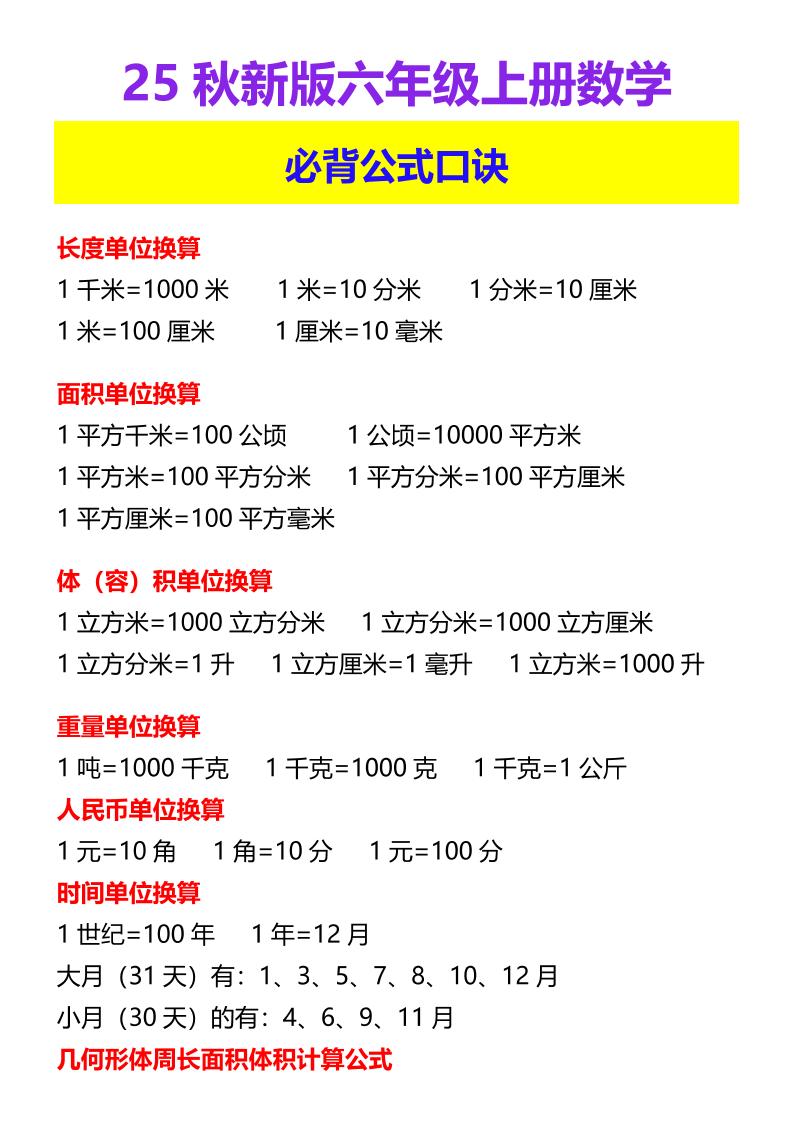 【2025秋新版】六年级上册数学必背公式口诀金榜学科-专注整理分享幼、小、初、高学科教资，一站式解决孩子学习资料难题，帮助孩子全方位提升成绩。金榜学科