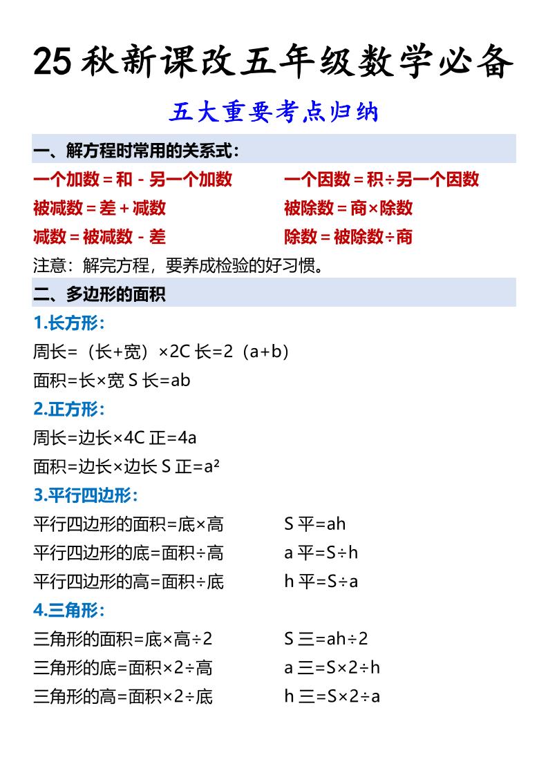 【2025秋新版】五年级数学必备五大重要考点归纳-五上数学金榜学科-专注整理分享幼、小、初、高学科教资，一站式解决孩子学习资料难题，帮助孩子全方位提升成绩。金榜学科