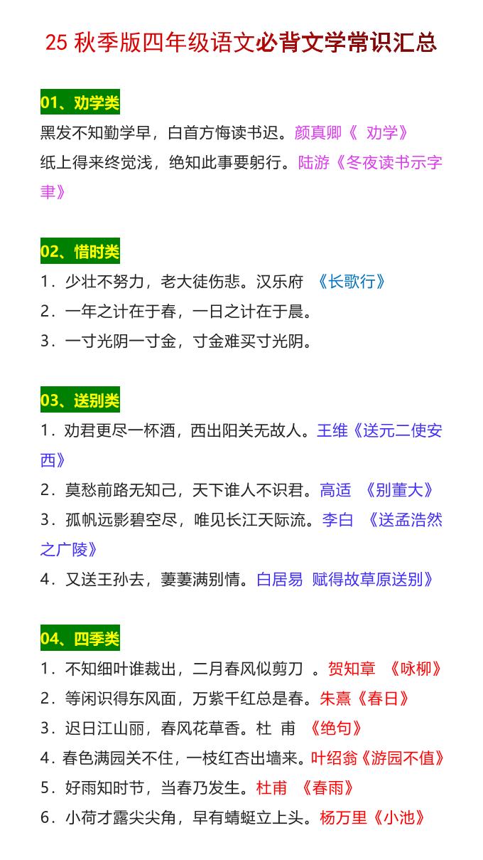 【2025秋新版】四年级语文上册必背文学常识汇总金榜学科-专注整理分享幼、小、初、高学科教资，一站式解决孩子学习资料难题，帮助孩子全方位提升成绩。金榜学科