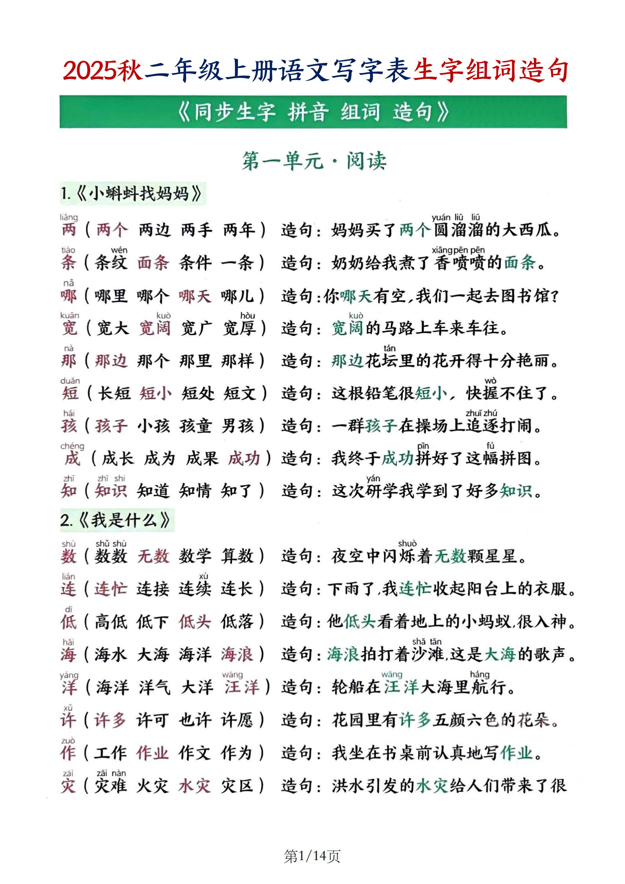 25秋二上语文写字表生字组词造句（14页）金榜学科-专注整理分享幼、小、初、高学科教资，一站式解决孩子学习资料难题，帮助孩子全方位提升成绩。金榜学科