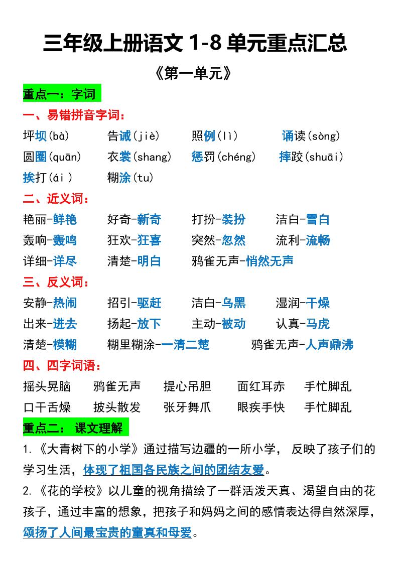 三年级上册语文1-8单元重点汇总金榜学科-专注整理分享幼、小、初、高学科教资，一站式解决孩子学习资料难题，帮助孩子全方位提升成绩。金榜学科