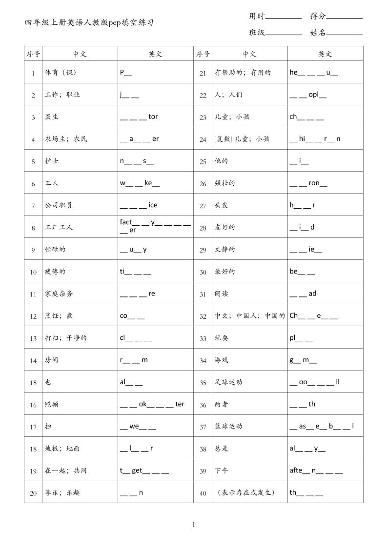 四年级上册英语人教版pep填空练习金榜学科-专注整理分享幼、小、初、高学科教资，一站式解决孩子学习资料难题，帮助孩子全方位提升成绩。金榜学科