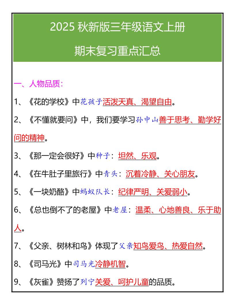 【2025秋新版】三年级语文上册期末复习重点汇总金榜学科-专注整理分享幼、小、初、高学科教资，一站式解决孩子学习资料难题，帮助孩子全方位提升成绩。金榜学科