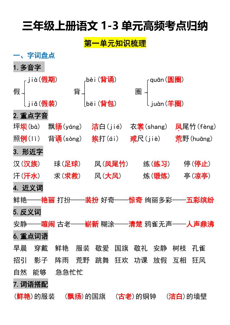 三年级上册语文1-3单元高频考点梳理金榜学科-专注整理分享幼、小、初、高学科教资，一站式解决孩子学习资料难题，帮助孩子全方位提升成绩。金榜学科