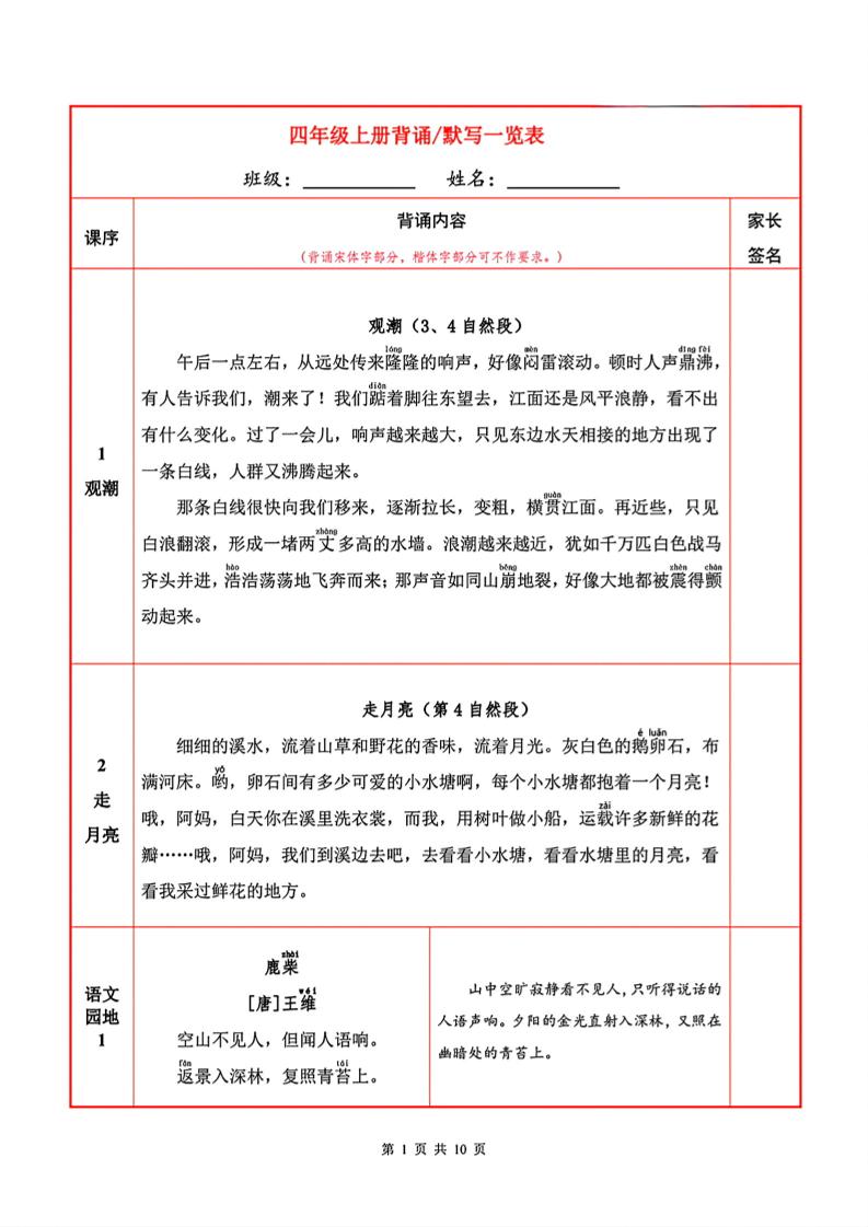 四上语文必背内容+默写表金榜学科-专注整理分享幼、小、初、高学科教资，一站式解决孩子学习资料难题，帮助孩子全方位提升成绩。金榜学科