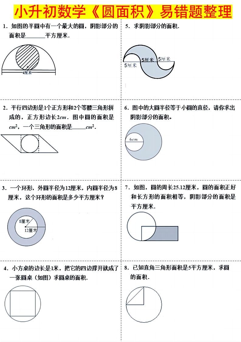 小升初数学（圆面积）易错题整理金榜学科-专注整理分享幼、小、初、高学科教资，一站式解决孩子学习资料难题，帮助孩子全方位提升成绩。金榜学科