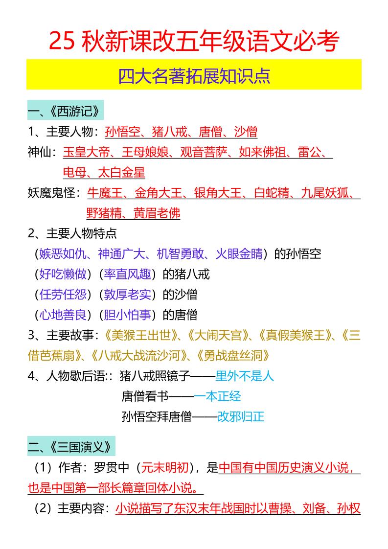【2025秋新版】五年级语文必考四大名著拓展知识点-五上语文金榜学科-专注整理分享幼、小、初、高学科教资，一站式解决孩子学习资料难题，帮助孩子全方位提升成绩。金榜学科