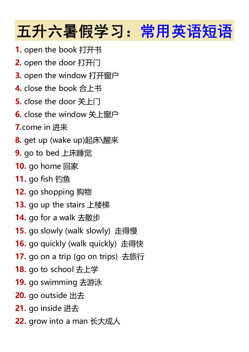 五升六暑假学习：常用英语短语-六上英语金榜学科-专注整理分享幼、小、初、高学科教资，一站式解决孩子学习资料难题，帮助孩子全方位提升成绩。金榜学科