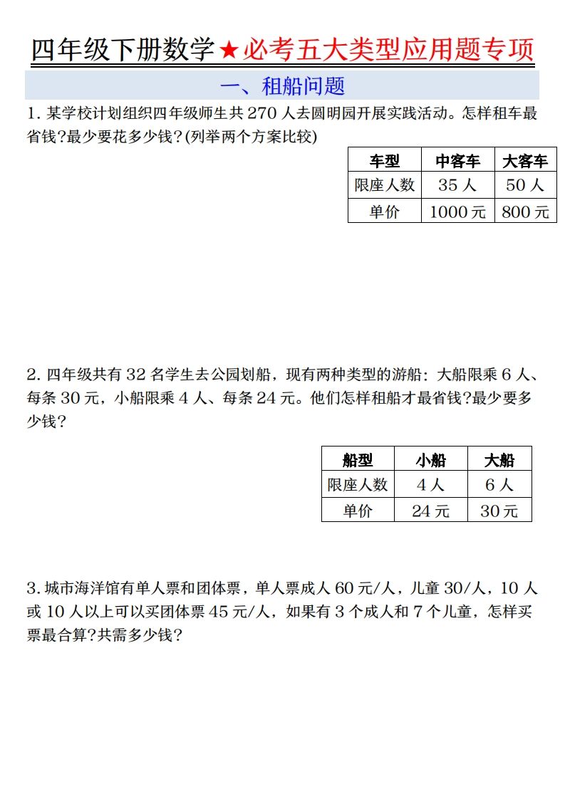 【专项】四下数学必考五大类型应用题（含答案，通用版）金榜学科-专注整理分享幼、小、初、高学科教资，一站式解决孩子学习资料难题，帮助孩子全方位提升成绩。金榜学科