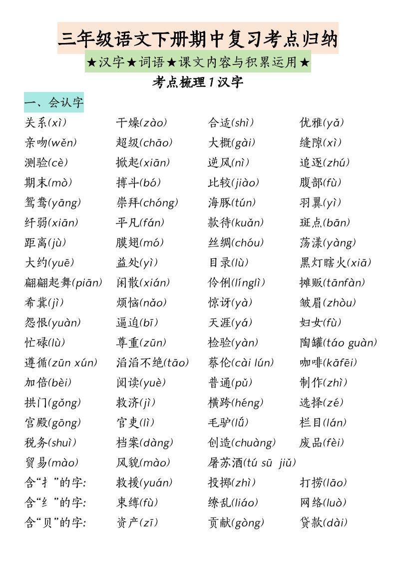 三下语文期中复习（汉字★词语★课文内容与积累运用）金榜学科-专注整理分享幼、小、初、高学科教资，一站式解决孩子学习资料难题，帮助孩子全方位提升成绩。金榜学科