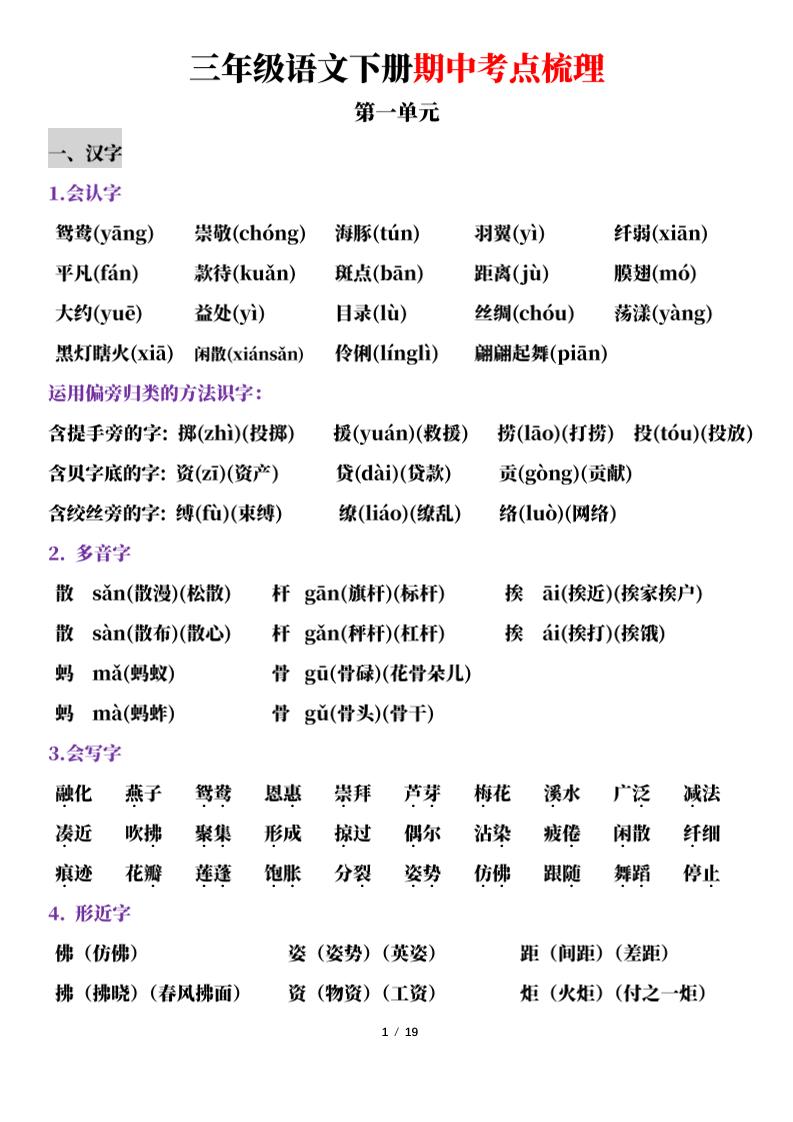 三下语文期中考点梳理19页金榜学科-专注整理分享幼、小、初、高学科教资，一站式解决孩子学习资料难题，帮助孩子全方位提升成绩。金榜学科