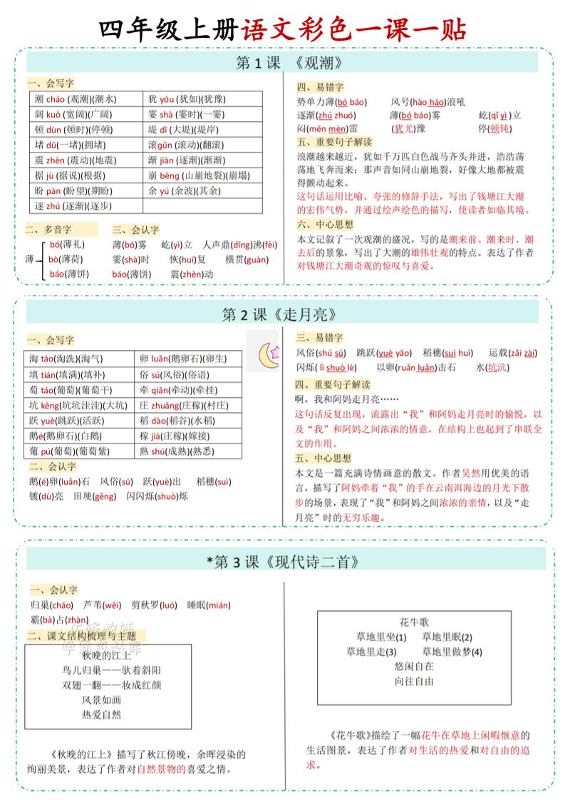 四年级上语文彩色一课一贴金榜学科-专注整理分享幼、小、初、高学科教资，一站式解决孩子学习资料难题，帮助孩子全方位提升成绩。金榜学科