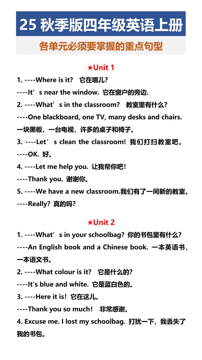 【2025秋新版】四年级英语上册各单元必须要掌握的重点句型金榜学科-专注整理分享幼、小、初、高学科教资，一站式解决孩子学习资料难题，帮助孩子全方位提升成绩。金榜学科