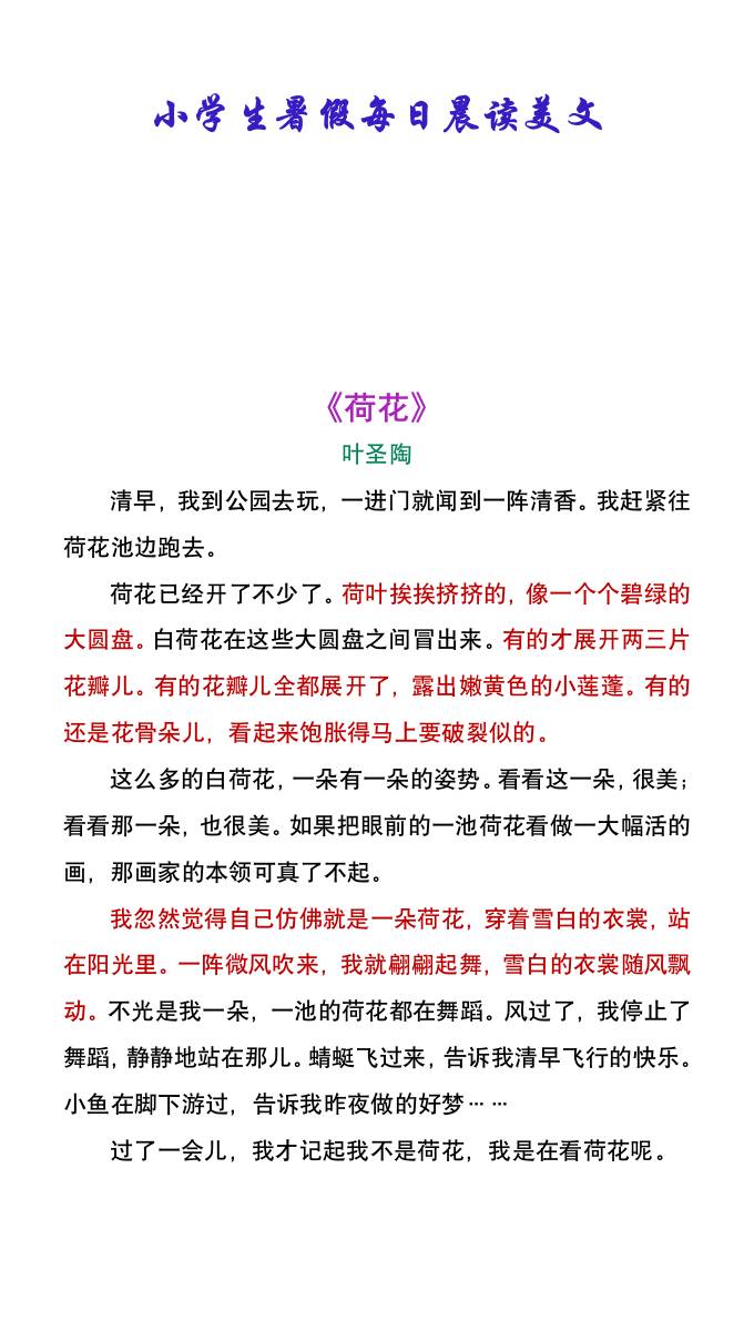 小学生暑假每日晨读美文：叶圣陶《荷花》-小升初语文金榜学科-专注整理分享幼、小、初、高学科教资，一站式解决孩子学习资料难题，帮助孩子全方位提升成绩。金榜学科