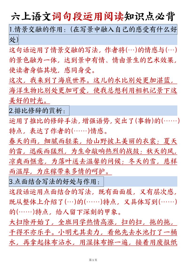 六年级语文上册词句段运用阅读知识点必背金榜学科-专注整理分享幼、小、初、高学科教资，一站式解决孩子学习资料难题，帮助孩子全方位提升成绩。金榜学科
