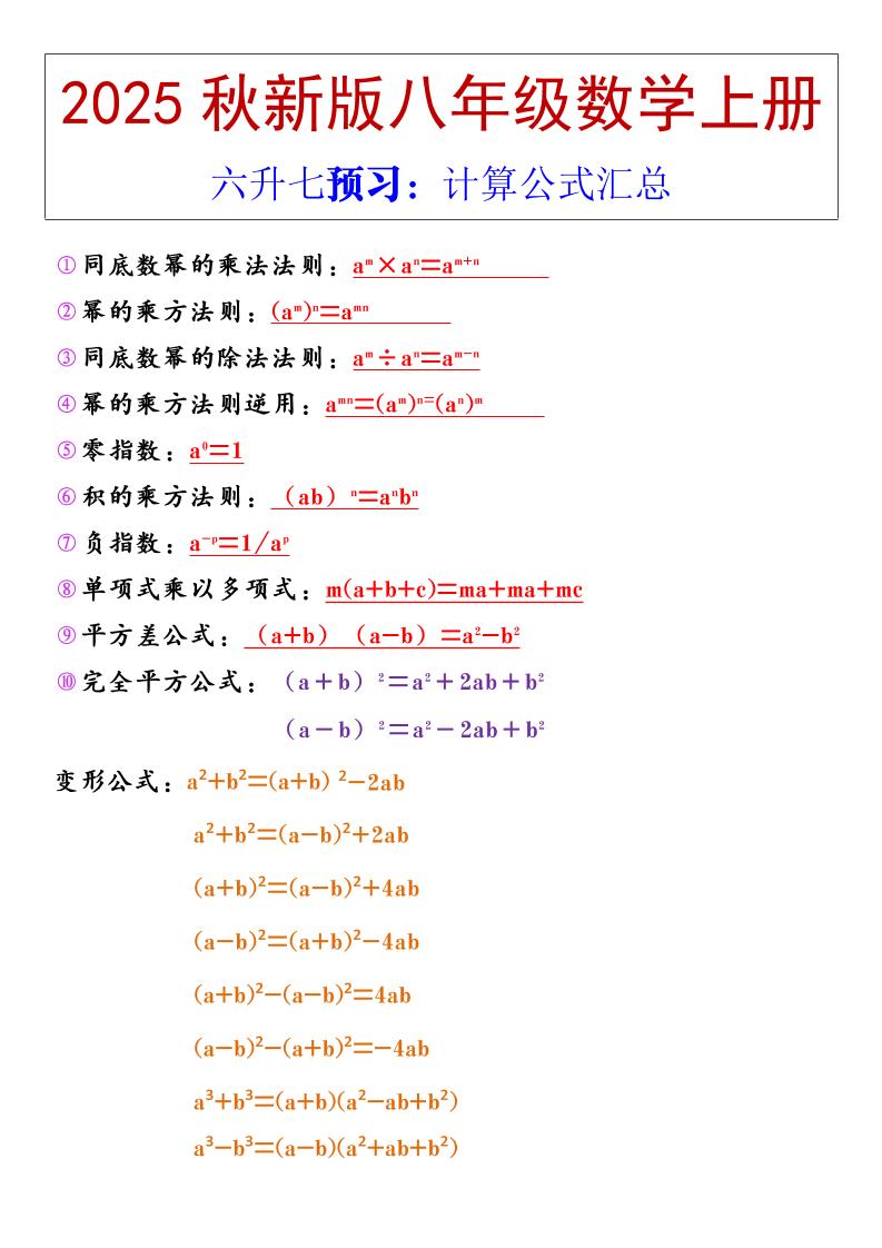 【2025秋新版】八年级上册数学计算公式汇总金榜学科-专注整理分享幼、小、初、高学科教资，一站式解决孩子学习资料难题，帮助孩子全方位提升成绩。金榜学科