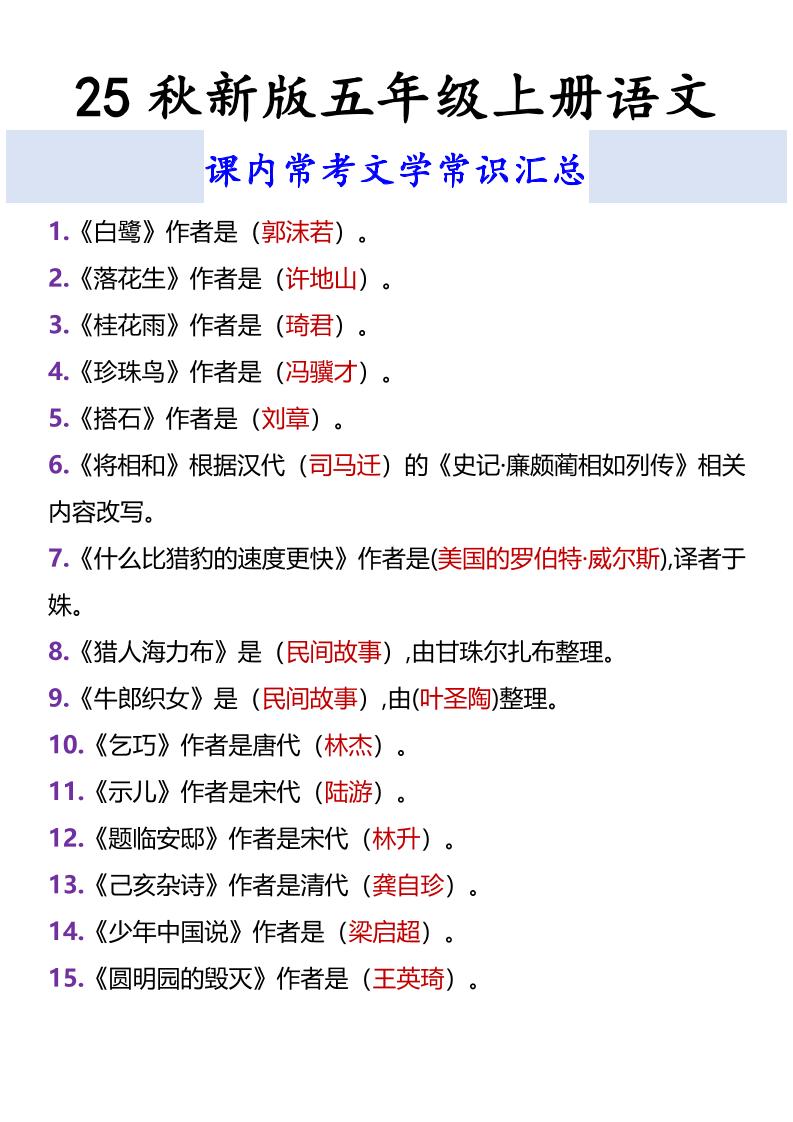 【2025秋新版】五年级上册语文课内常考文学常识汇总金榜学科-专注整理分享幼、小、初、高学科教资，一站式解决孩子学习资料难题，帮助孩子全方位提升成绩。金榜学科