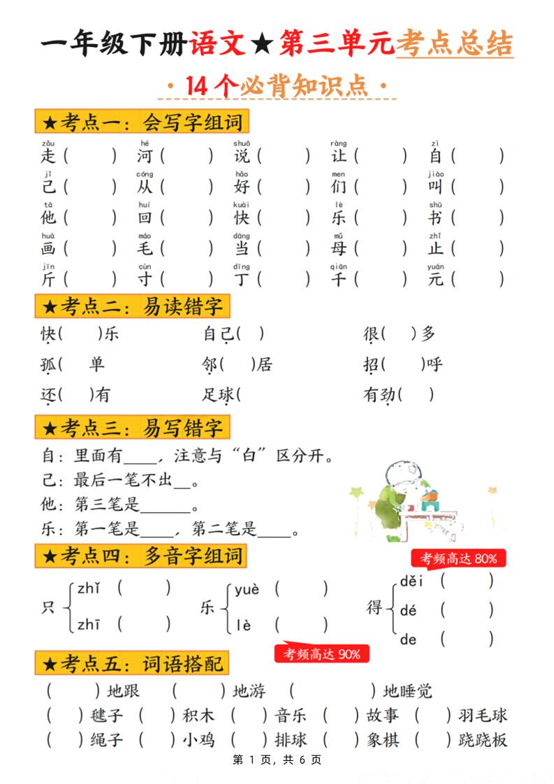 一下语文第三单元考点总结（含练习6页）金榜学科-专注整理分享幼、小、初、高学科教资，一站式解决孩子学习资料难题，帮助孩子全方位提升成绩。金榜学科