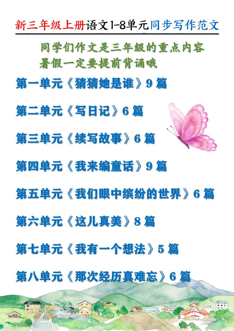 新三上语文1-8单元同步写作范文55篇（56页）金榜学科-专注整理分享幼、小、初、高学科教资，一站式解决孩子学习资料难题，帮助孩子全方位提升成绩。金榜学科