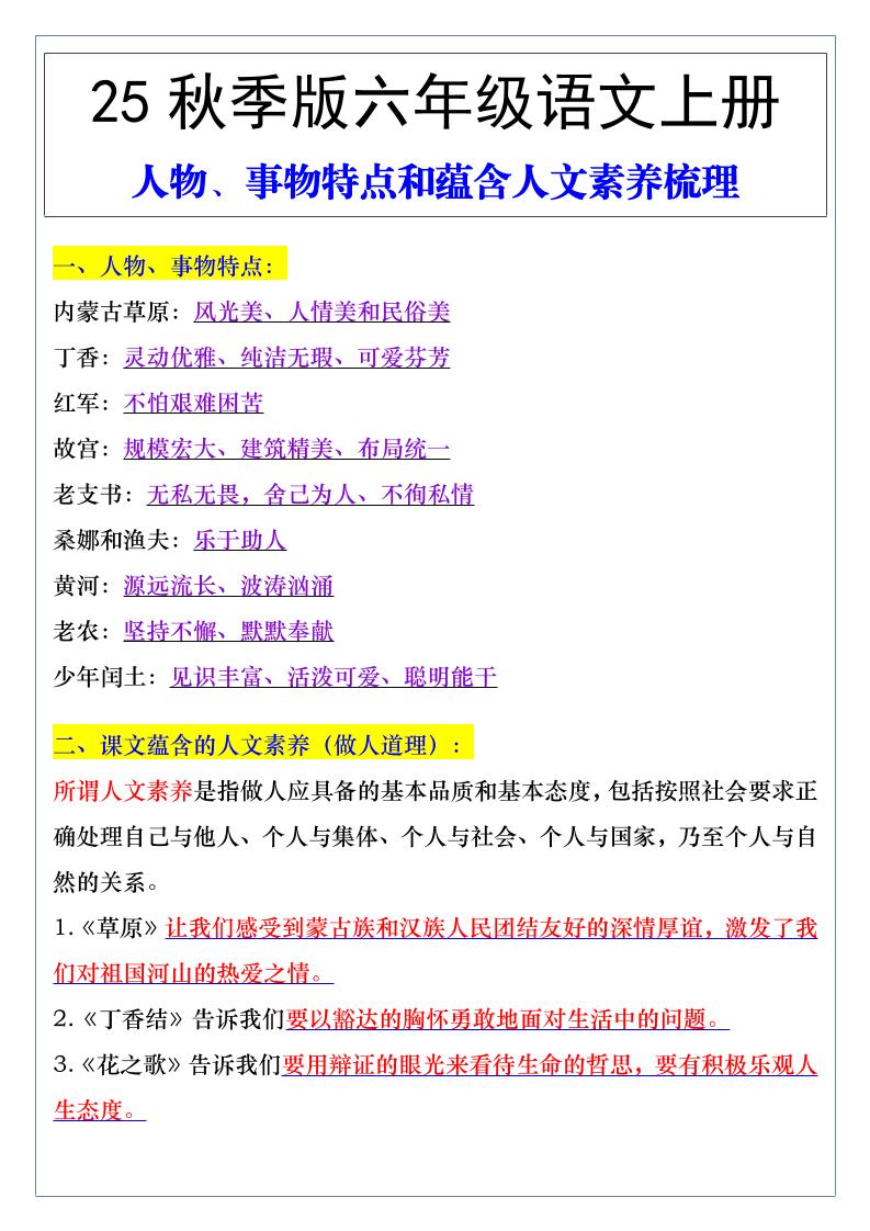 【2025秋新版】六年级语文上册人物、事物特点和蕴含人文素养梳理金榜学科-专注整理分享幼、小、初、高学科教资，一站式解决孩子学习资料难题，帮助孩子全方位提升成绩。金榜学科
