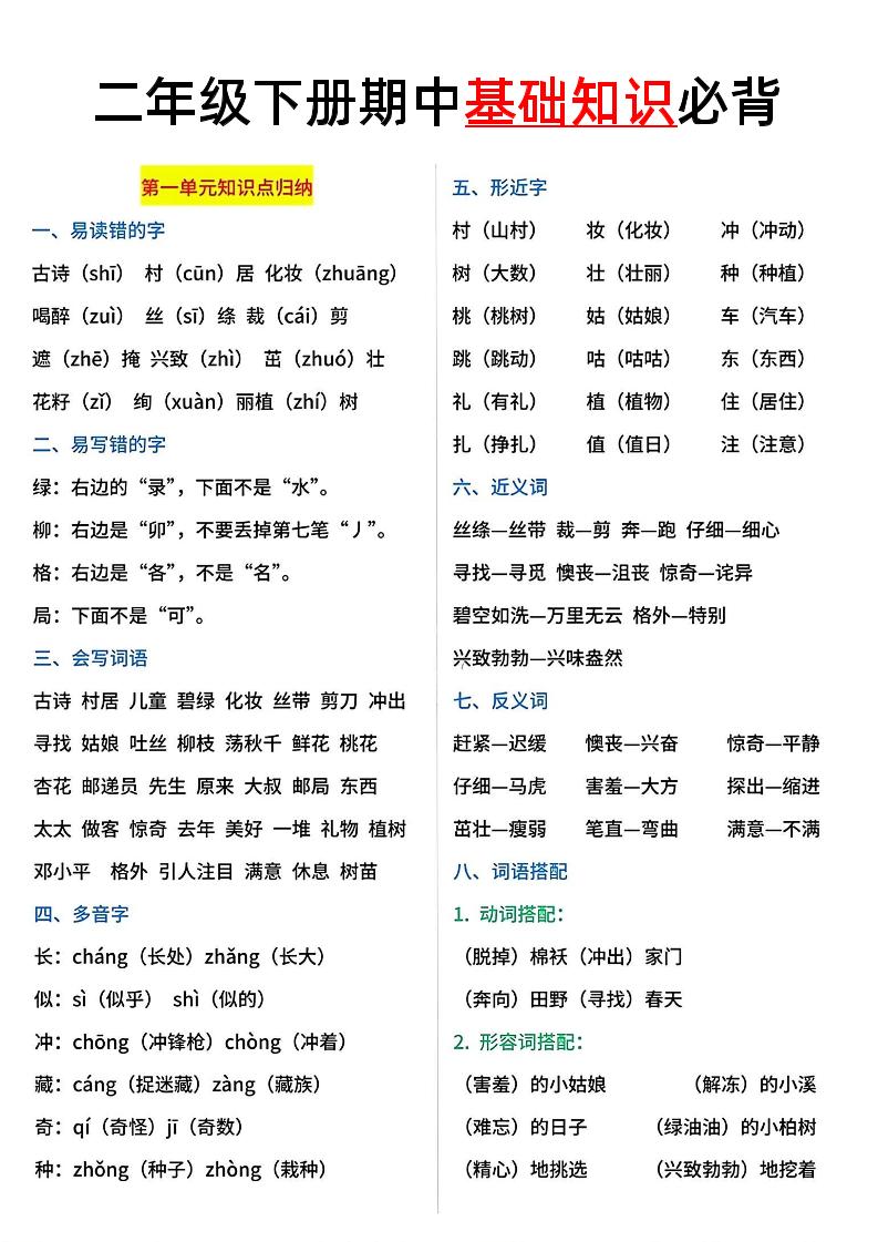 二年级语文下册期中基础知识必背5页金榜学科-专注整理分享幼、小、初、高学科教资，一站式解决孩子学习资料难题，帮助孩子全方位提升成绩。金榜学科